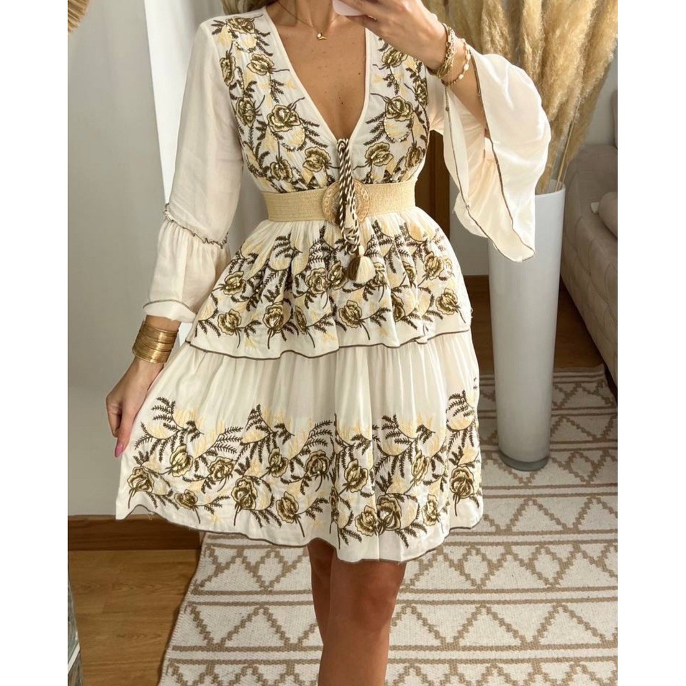 Siya Women's Floral Embroidered‎ Tiered Dress Bohemian Viscose Lined Ivory Gold